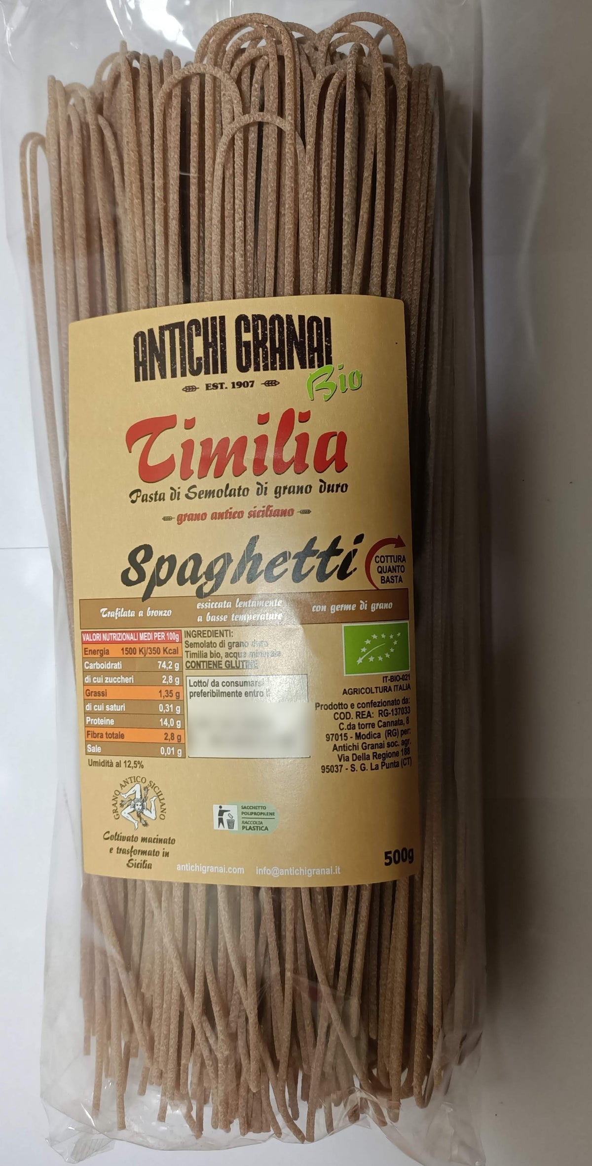 Spaghetti integrali Timilia BIO, pasta di grano antico siciliano Tumminia trafilata al bronzo