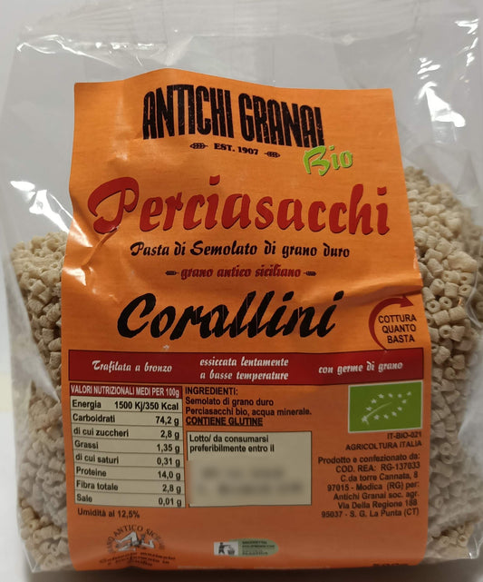 Corallini Perciasacchi BIO semintegrali, pastina di grano antico siciliano trafilata al bronzo